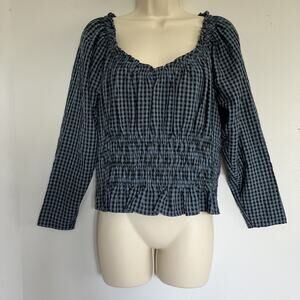 LOFT Gingham Smocked Ruffle Peasant Blouse Blue Black S Country Cottage Cowgirl